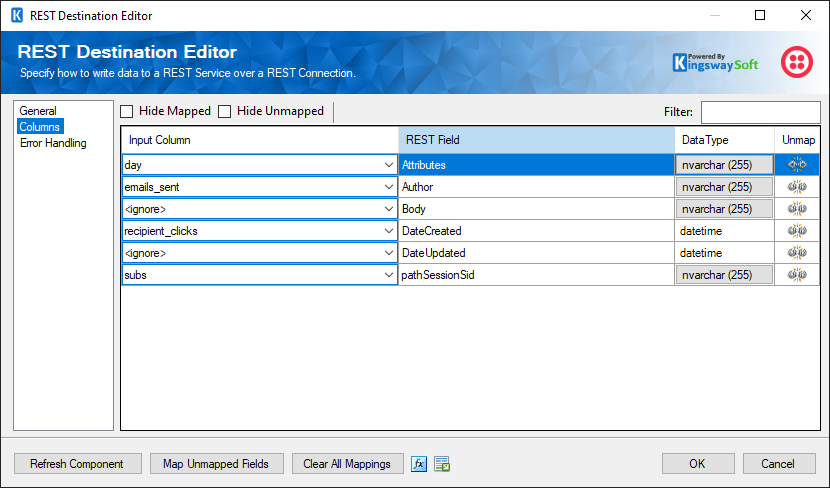 SSIS REST Twilio Destination - Columns